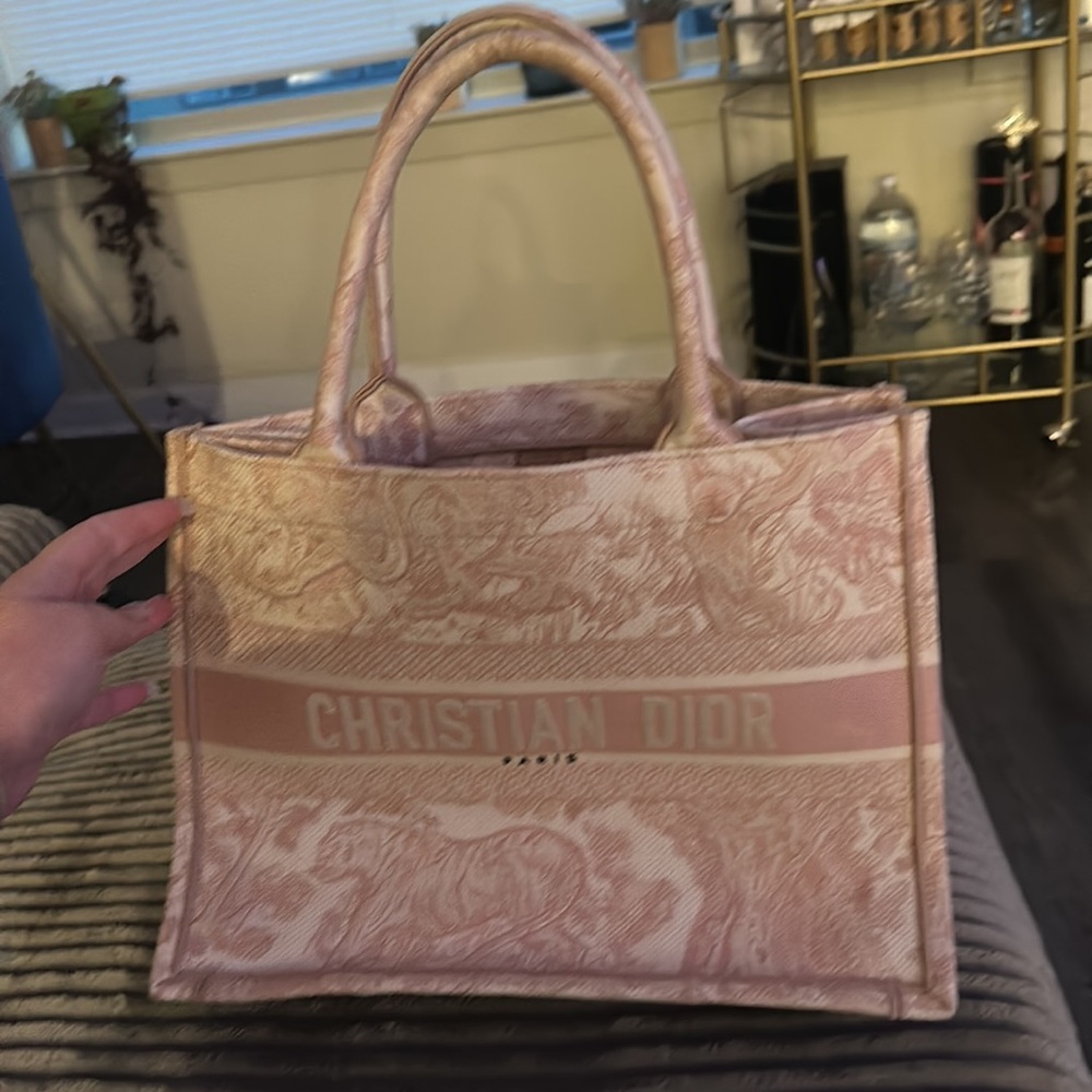 Small Dior Book Tote Pink Toile De Jouy Embroidery View 2